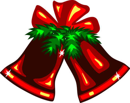 vector drawing bright red festive Christmas bells hanging on a fir branch under a red bowのイラスト素材