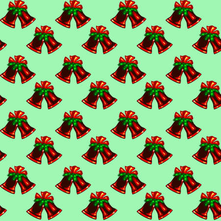 seamless pattern with red Christmas bells on a fir branch with a red bow on a light green backgroundの写真素材
