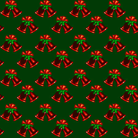 seamless pattern with red Christmas bells on a fir branch with a red bow on a dark green backgroundの写真素材