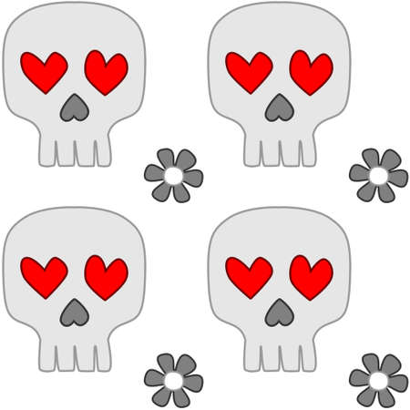 drawing of a skull with eyes in the form of a heart with a flower on the head and crossed bones under itの写真素材