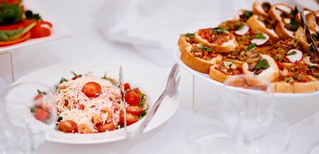 Catering. Tomatoes under cheese and delicious sandwiches on a plate. High quality photo
