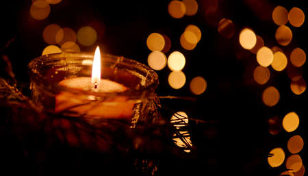 New Years candles in Christmas trees with beautiful sides in the background in the New Year and Christmasの写真素材