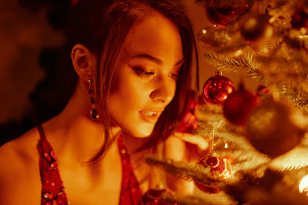 Woman admiring Christmas tree decorations.の写真素材