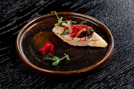 Gourmet Mushroom Crostini with Pickled Vegetables.