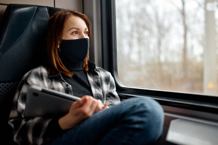 Woman Wearing Mask Traveling by Train