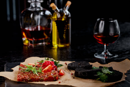 Exquisite Beef Tartare with Rustic Garnishes and Drinks.