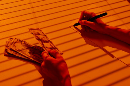 Writing Notes While Counting US Dollar Banknotes.の写真素材