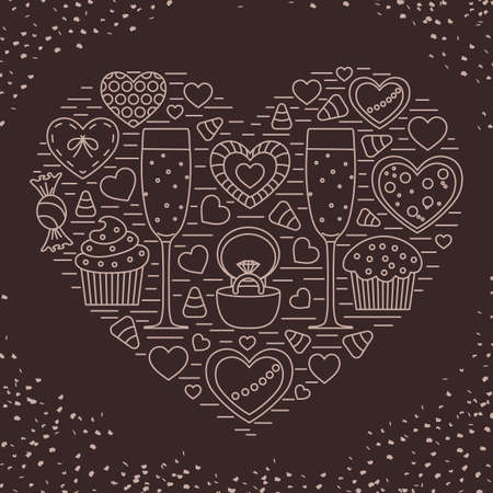 Linear elements are folded in the shape of heart. Romantic print on the shirt.Vector illustration.のイラスト素材