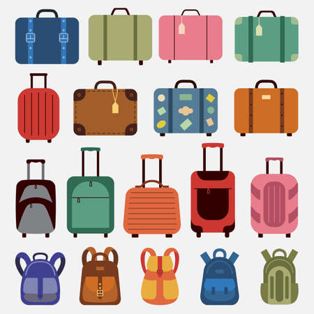 Icons luggage. Flat style. Suitcases and backpacks. Vector illustration.のイラスト素材