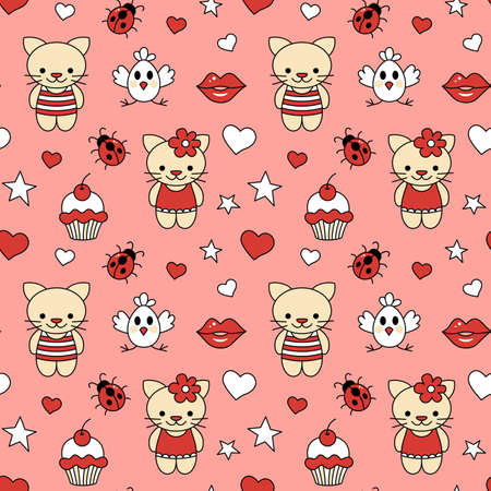 Seamless pattern of kittens and cupcake. On a pink background. Vector illustration.のイラスト素材