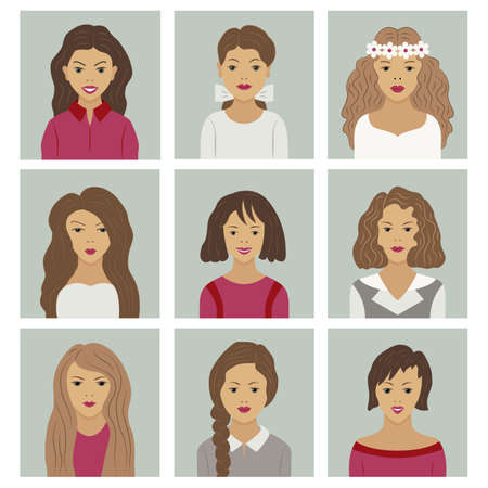 Icons are different faces of women. Flat style. Vector illustration.のイラスト素材