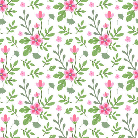 Seamless pattern flowers and leaves. Flat style. Vector illustration.のイラスト素材