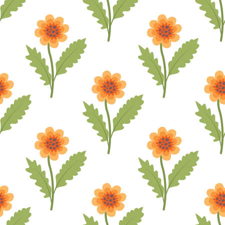 Seamless pattern flowers and leaves. Flat style. Vector illustration. のイラスト素材