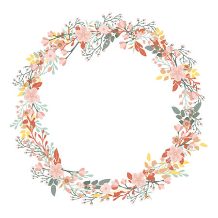 Beautiful round frame with wildflowers. Flat style. Vector illustration.のイラスト素材