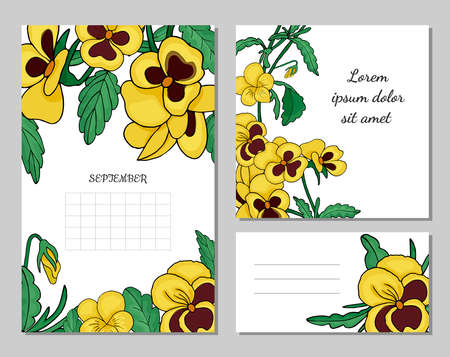 Floral templates with pansies.
For a calendar, a greeting card and a business card. Vector illustration.のイラスト素材