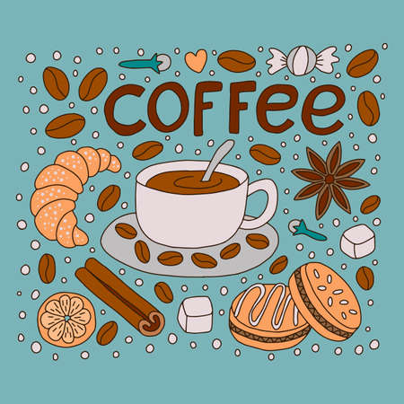 Coffee with desserts and drawn letters. Doodle style. Vector illustration.のイラスト素材
