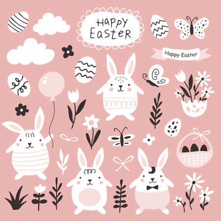 Set of easter bunnies and design elements. Flat style. Vector illustration.のイラスト素材