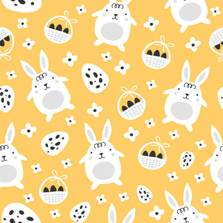 Seamless pattern with easter bunny and eggs. Flat style. Vector illustration.のイラスト素材