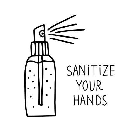 Disinfect hands icon. Hand sanitizer, use antiseptic. Doodle style. Vector illustration.のイラスト素材