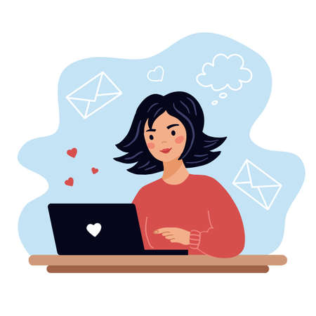 The woman is sitting at the laptop. A nice girl is looking for a guy on the Internet. Correspondence on the dating site.のイラスト素材