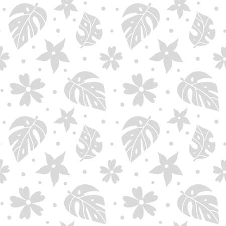 Monstera leaves and flowers seamless pattern. Flat style. Vector illustration.のイラスト素材