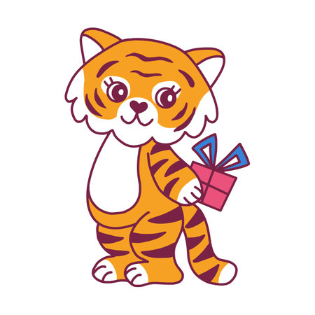 Tiger cub with a gift. Vector illustration.のイラスト素材