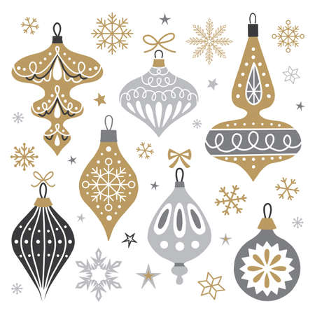 Set of vintage Christmas and New Year tree balls for greeting cards. Christmas decorative elements for your design. Vector illustration.のイラスト素材