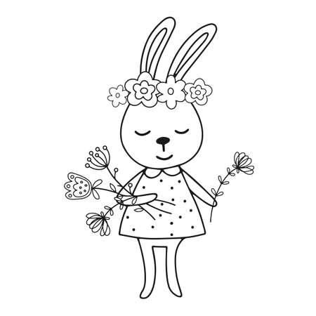 Greeting card rabbit with flowers. outline drawing. Coloring for children. vector illustration.のイラスト素材