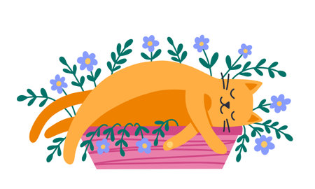 Cat character and indoor flowers. flat style. vector illustration.のイラスト素材