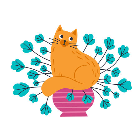 Cat character and indoor flowers. flat style. vector illustration.のイラスト素材