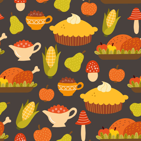 Seamless pattern with pumpkin pie and baked turkey. Background for Thanksgiving Day. Vector illustration.のイラスト素材