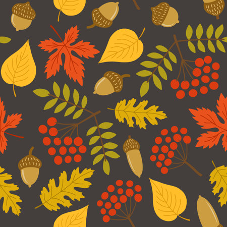 Seamless pattern with autumn leaves and rowan. Autumn background. Vector illustration.のイラスト素材