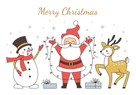 Christmas card Santa Claus, reindeer and snowman. Illustration for cards and flyers. Vector illustration.のイラスト素材