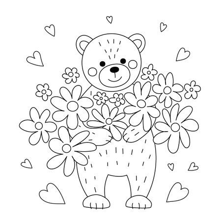 Teddy bear with flowers. Illustration for Valentine's day. Linear drawing for coloring. Vector graphics.のイラスト素材