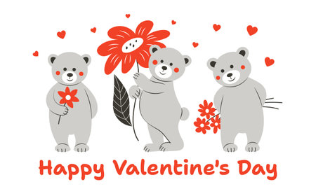 Cute bears and flowers. Postcard for Valentine's Day. Flat style. . Vector illustration.のイラスト素材