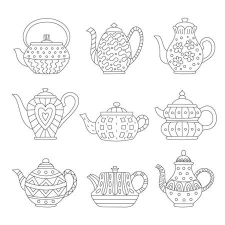 Set of teapots linear icons. A variety of teapots for brewing tea. Suitable for decorating a menu in a cafe. Can be used for coloring.のイラスト素材