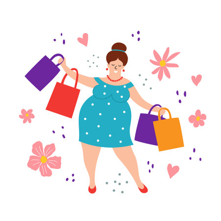 Beautiful woman with bags in her hands. Shopping and sale. Marketing and advertising. Vector illustration.のイラスト素材