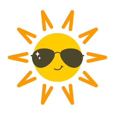 Summer sun character with sunglasses. Vector illustration can be used for summer sticker, poster and print. Baby cartoon sun character icon.のイラスト素材