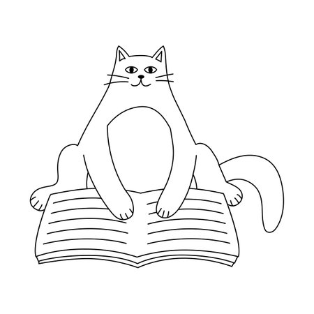 Cute cat reading a book. Stylized character for coloring. Outline drawing. Vector illustration.のイラスト素材