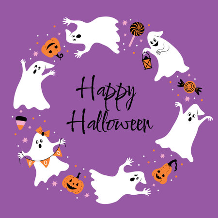 halloween banner with ghosts pumpkins and candy,for postcards prints and posters.のイラスト素材