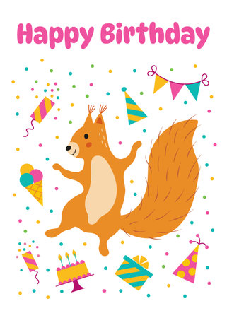 Vector illustration of a cheerful squirrel celebrating a colorful birthday with party elements like gifts, cake, and confetti.のイラスト素材