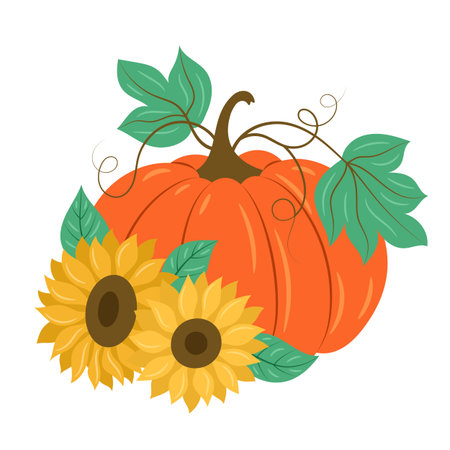 Vibrant vector art featuring a pumpkin and sunflowers with green leaves, perfect for fall decor.のイラスト素材