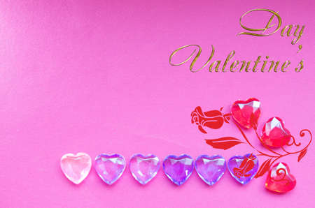 Photo greeting card in a horizontal position. Small crystal hearts of various colors. With space for...