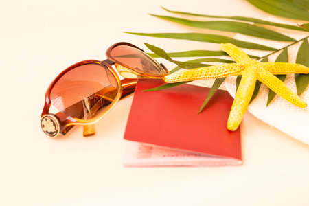 A red passport with glasses, a starfish, and sunglasses on the edge of a straw hat. On light background. Space for text. Horizontal photoの写真素材