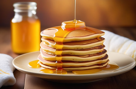 Homemade American pancakes with blueberry and golden honey. Healthy morning breakfastの素材