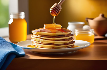 Homemade American pancakes with blueberry and golden honey. Healthy morning breakfastの素材