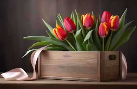 pink, yellow ans purple tulips in wooden box background springの素材
