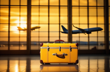 A yellow retro suitcase stands in front of the window at the airport, with the silhouette of airplanes in the background. The sunset sky. Made with the help of neural networks. High quality. Vacation, travel, vacationの素材