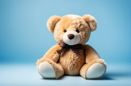 Sitting, toy, beige, teddy bear on a blue background. Made with the help of artificial intelligence. A place for the text. Postcard, background, wallpaper. High quality photos.の素材