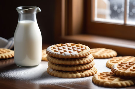 Homemade cookies on a white plate with a jug of milk on the background of the window. Side view, Healthy eating.Made with the help of artificial intelligence. High quality photos. Homemade cakes, made with your own hands.の素材